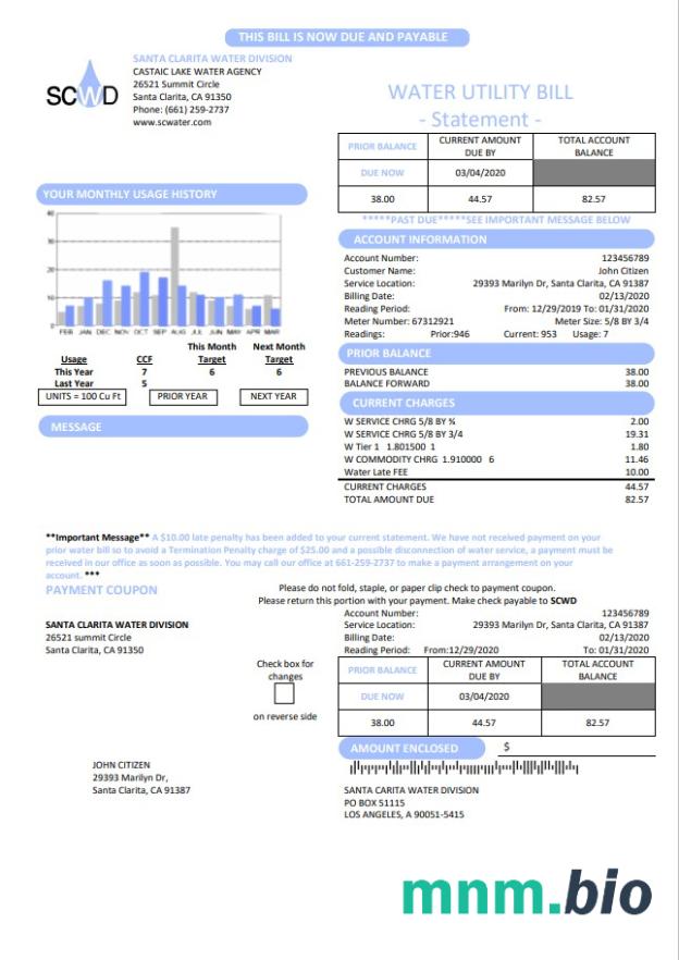 Usa California Santa Clarita Water Division (SCWD) szablon rachunku za media w formacie Word i PDF